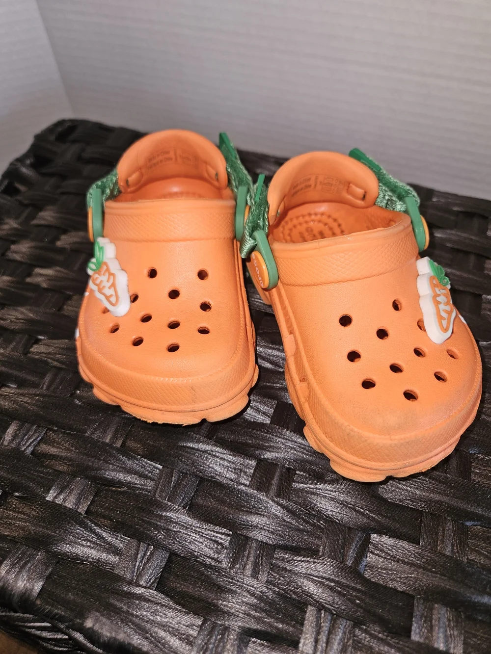 CROCS Kids Orange Clogs with Green Strap and Carrot Charm